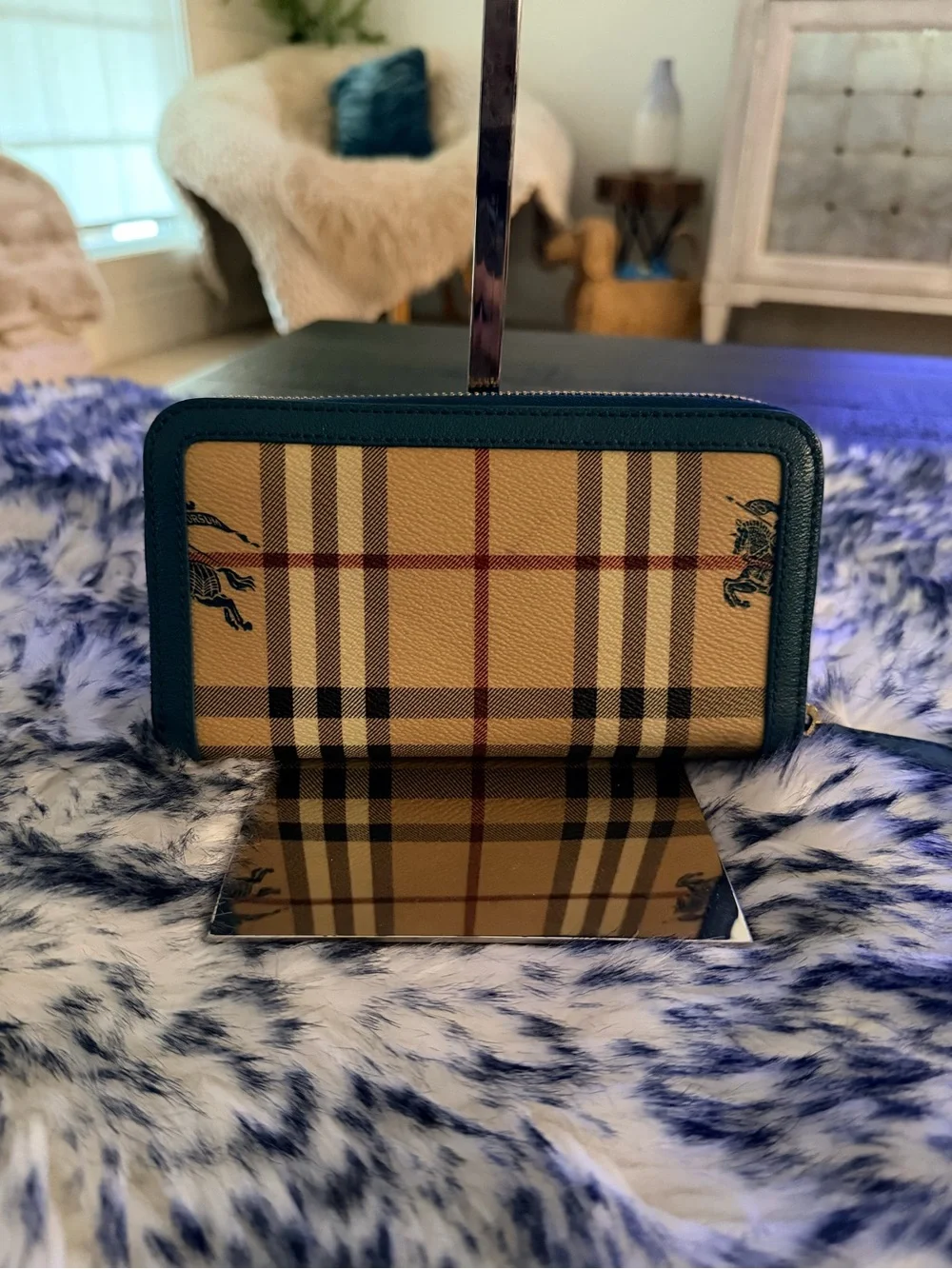 Burberry Plaid Zip-Around Wallet with Teal Green Trim